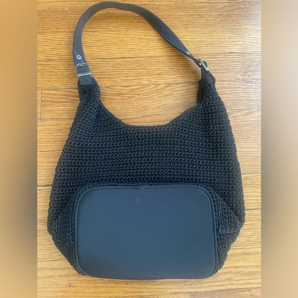 Black Crochet Knit Purse with Silver Hardware